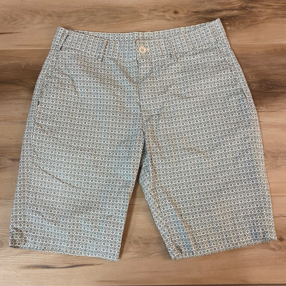 Zara Shorts 32 Geometric Medallion Print Cotton Flat Front Green White